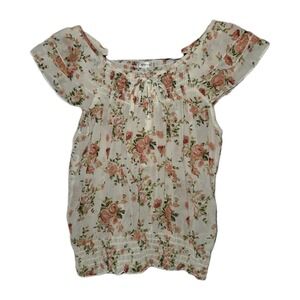 Marisol Sheer Floral Blouse Flutter Cap Sleeve Top Women's Medium Smocked Shirt